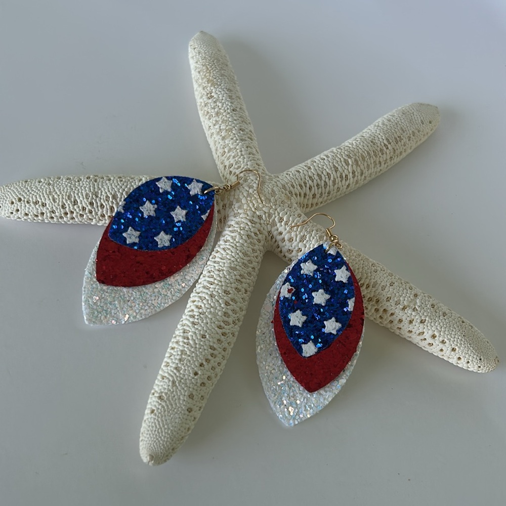 Patriotic Glitter 3 Layer Leaf Faux Leather Earrings
